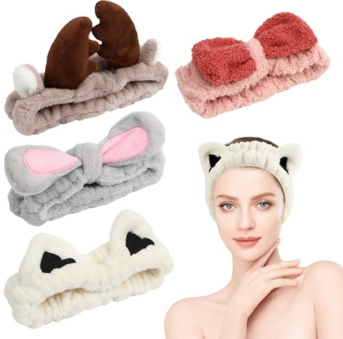 4 Stück Haarband Schminken, Damen Make-Up Haarband, Elastische Korallen Fleece Spa Haarbänder, Hasenohren für Beauty Waschen Gesicht Spa Yoga