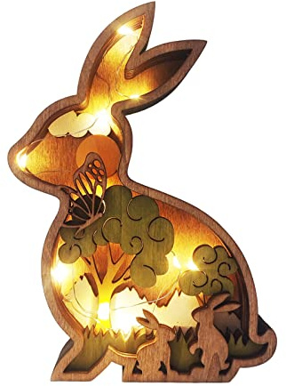 ACAREY Osterdeko Holz Tier Deko Figuren mit LED für Tischdeko, Frühlingsdeko Beleuchtung Holz, Osterhasen Holzdeko Kaninchen Vogel Huhn Figuren für Osterdekor, Baumdeko, Heimdeko, Partydeko (Hase)