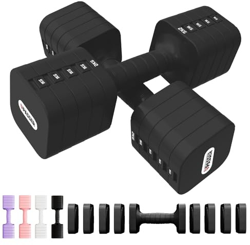 Set di manubri regolabili 4/8/12/16/20 kg, Manubri con regolazione rapida di peso per donne e uomini, Attrezzatura per palestra casa, Ideali per allenamento di forza, allenamento all'aperto - Nero