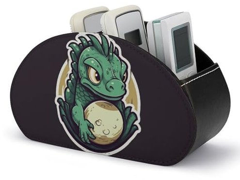 HETVBNS PU Leather Remote Control Holder Little Green Dragon's Egg Remote Control Storage Box With 5 Compartments Desktop Caddy Storage Organizer Minimalism TV Remote Caddy