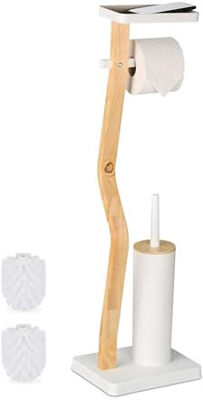 Relaxdays WC Garnitur, HxBxT: 80,5 x 23 x 18 cm, stehender Klopapierhalter mit Ablage & Toilettenbürste, weiß/Natur