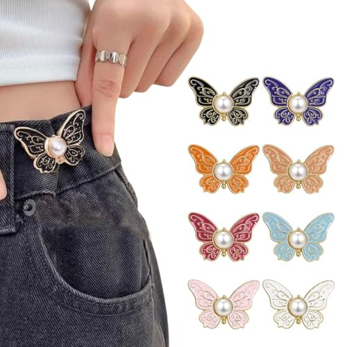 THXFUNAREA 8 pares Alfileres de Botones Para Vaqueros con Forma de Mariposa,Clip para Hacer Pantalones Ajustados,Hebillas de Cintura Ajustables Sin Clavos,para Jeans Ropa Holgada,Botones