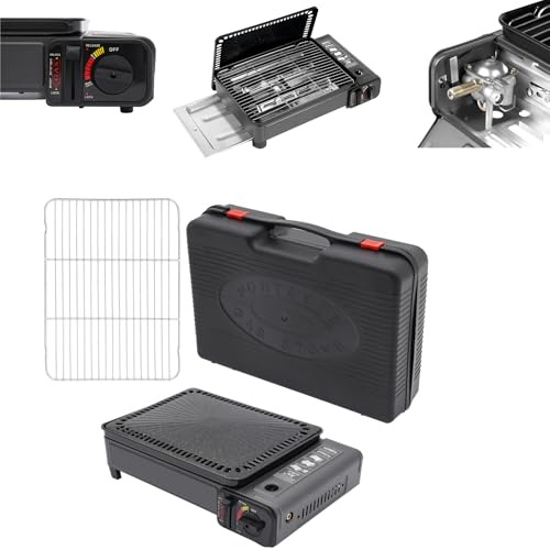 2-in-1 Campingkocher Gasgrill Inkl. Grillset + Alu-Koffer (3,2kg) - Tragbarer 3kW Multifunktionsgrill mit Piezo-Zündung & Sicherheitsventil für Outdoor/Camping/Balkon, (41.5 * 28 * 11cm)
