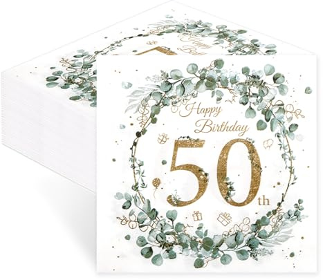 50 Geburtstag Servietten Eukalyptus Grün-60 Stück Happy Birthday Servietten,deko 50 Geburtstag Mann Frau,Geburtstagsdeko,Tischdeko Geburtstage,Salbeigrün Grüne Mintgrün,Papierserviette Einweg Napkins