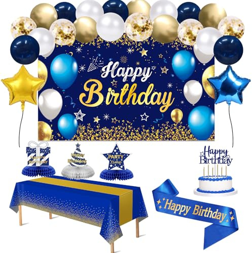 Navy Blue and Gold Birthday Decorations - Happy Birthday Banner, Sash, Balloons, Tablecloth, Cake Topper, Candles, Table Decorations - 35pcs Party Decor for Men and Boys