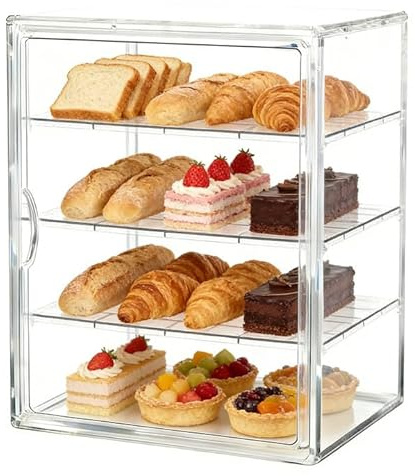 GOEDCH 40×30×25 cm 4 Schichten Acryl-Thekenvitrine: Groß Transparente Brotbox, Transparentes PET Material Gebäckvitrine, Magnetische Türfunktion, Acryl Brotkasten für Küche und Aufbewahrung