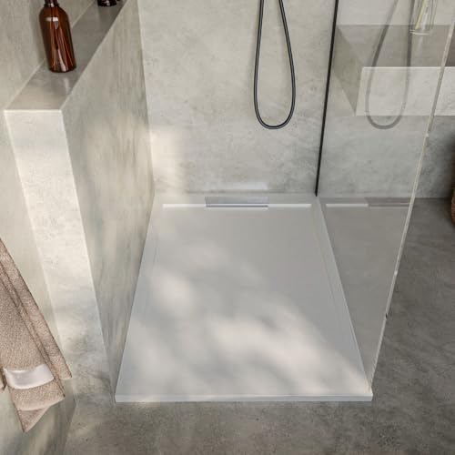 SoulHome Plato de Ducha Resina BLANCO ROTO 130X70 Diseño Elegante | Antideslizante C3, Extraplano, Resina y carga mineral, Textura Liso Piedra, Antibacteriano, Gel-coat, Incluye válvula desagüe