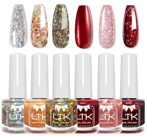 Glitter Nail Polish Set - 6Pcs Christmas Nail Varnish Quick Dry - Pink Red Sliver Colorful Sparkle Nail Polish Kit - No Need UV Non-Toxic Pearl Nail Paint for Women DIY at Home Nail Art 7ml