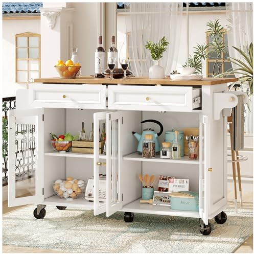 Wyibwy Isla de cocina, 140 x 72,5 x 90 cm, con ruedas y puertas de cristal, carro de servicio multiusos, gran capacidad de almacenamiento, mueble para lavavajillas móvil, muebles de cocina, blanco