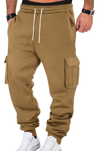 Fleecefodrade sweatpants för män, varma vinter atletiska joggingbyxor, tungvikts elastiska avsmalnande joggingbyxor med 5 fickor, Camel, XL