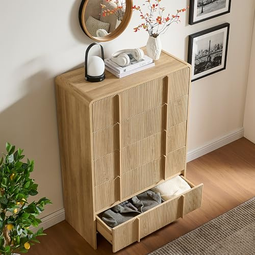 AMERLIFE Fluted 5 Drawer Dresser, 48 Tall Modern Chest of Storage Drawers with Pine Handles, Rounded Corners & Anti-Tip Design, Wood Closet Organizer for Bedroom, Living Room, Nursery, Natural Oak
