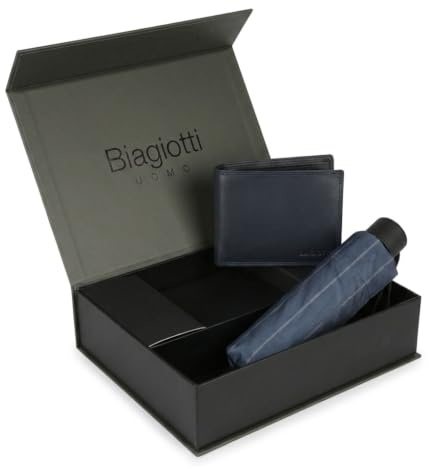 Biagiotti Cofanetto Regalo Uomo, Portafoglio Uomo in Vera Pelle e Ombrello Super Mini Pieghevole Tascabile, Elegante Set