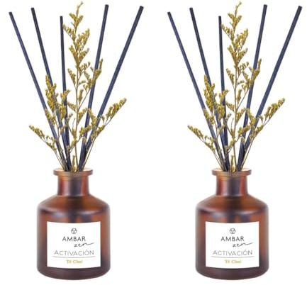 TIENDIFY - Ambientador Mikado Decorativo Ambar | 40 ml con Flor Ornamental | Difusor de Varillas para hogar Oficina y salón Ideal para Espacios Interiores (2 Unidades, Té Chaí)