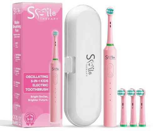 SMILE THERAPY® Childrens Electric Toothbrush 3–12, Rechargeable Kids Electric Toothbrush with 2-Min Timer & 30s Quad Alerts, Soft Bristles, Quiet Motor, USB-C, Travel Case & Stickers