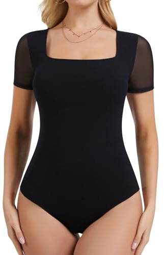 SHAPERIN Body Femme Manche Courte Col Carré Haut Élégant en Résille Bodysuit Blouse Top Uni T-shirt Patchwork