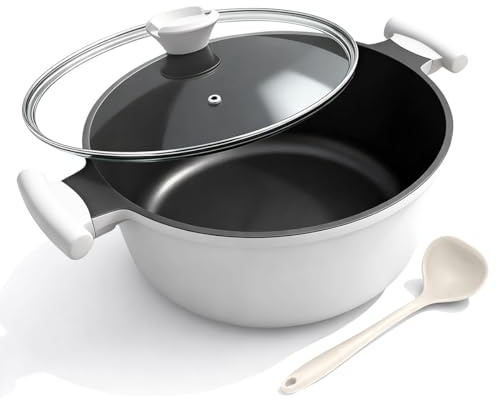 Olla de 7 L con tapa, Cacerola antiadherente para sopas de 28 cm con asa que no se calienta, ideal para pasta y sopas, sin PTFE ni PFAS, Blanco