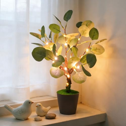 wpdash Eucalyptus Leaf Lamp Simulation Round Leaf Eucalyptus Potted Plant with LED Light USB Power Supply Atmosphere Night Light Suitable for Living Room Windowsill Kitchen Coffee Shop Decor Light