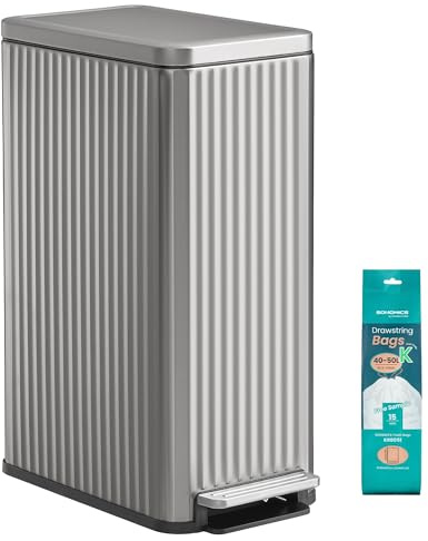 SONGMICS Kitchen Bin with Pedal, 13 Gallon (50 L) Slim Waste Bin with Soft-Close Lid, Removable Inner Bucket, Stainless Steel, 15 Rubbish Bags Included, Space-Saving, Metallic Silver LTB350EZ01