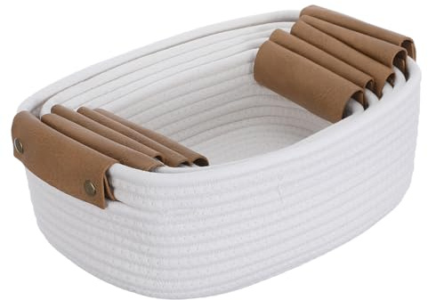 TOPBATHY Panier de Rangement Tressé avec Poignées en Pu, Lot de 5 en Corde de Coton Blanc Set de Paniers Élégants pour Organiser Accessoires Bébé et Décor Chambre