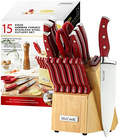 McCook - Set di 15 coltelli da cucina in acciaio inox con ceppo in legno, forbici da cucina e affilacoltelli incorporati, MC24, colore: rosso
