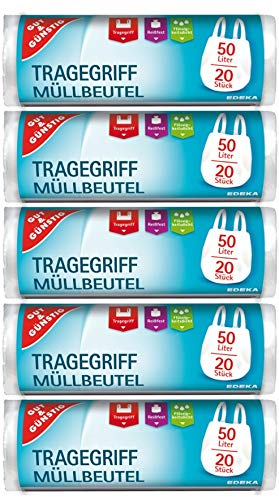 100 sacchetti per la spazzatura con maniglia per il trasporto, 50 litri, 20 pezzi per rotolo, antistrappo e a tenuta di liquidi, prodotto & imballaggio riciclabile, confezione da 5
