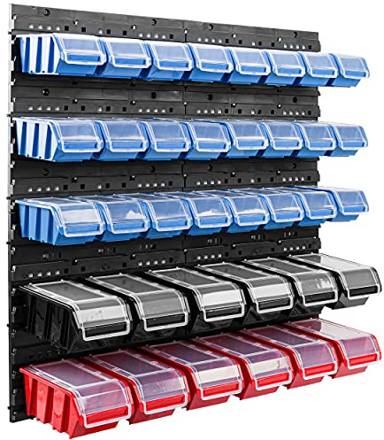 Box mit Deckel + Wandregal 80 x 80 cm, Stapelboxen Schüttenregal Sichtlagerkästen Lagersystem (Blau/Schwarz/Rot)