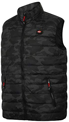 Lee Cooper LCVST708 ropa de trabajo para hombre Slim Fit Ligera impresión de Camo acolchado chaleco a prueba de viento impermeable térmica Chaleco Chaleco, Negro Camo, Grande