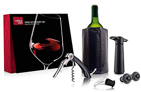 Vacu Vin Weinset Experience 6 teilig - Weinpumpe, Weinausgießer, Kellnermesser, Ersatzstopfen, 68897606, Schwarz