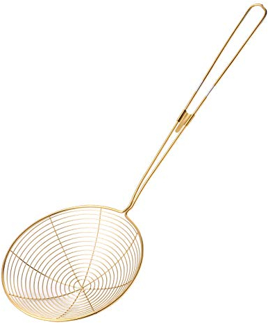 Meisha Stainless Steel Skimmer Spider Strainer, 14.4 Inches Heat Resistant Long Handle Kitchen Wire Strainer with Spiral Mesh, Frying Food Skimmer Ladle Colander (Gold)