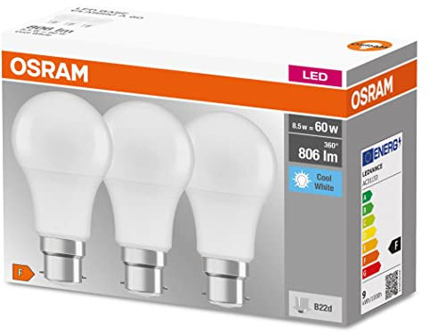 OSRAM Ampoule LED avec Culot B22d, Blanc froid, Paquet de 3 Ampoules LED, Blanc Froid 4000 K , Efficacité 8,50 W équivalent à 60 W