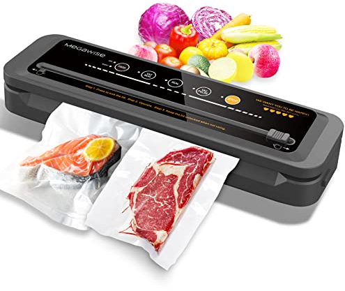MEGAWISE - Selladora al vacío de 80 kPa, conservador automático alimentos con un solo toque y modos seco, húmedo fresco máquina portátil sellado 10 bolsas cortador