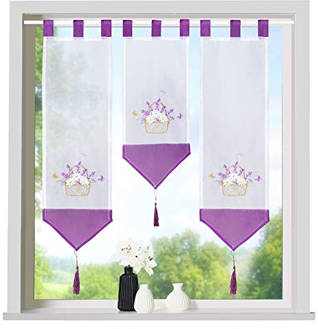 heimtexland ® Scheibengardinen Set 3-teilig Lamellen Gardine Transparent Bestickt mit Schlaufen Fensterdeko Lila Lavendel Typ710
