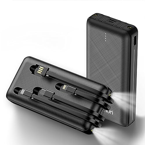 Power Bank 20000mAh 18W Portable Charger with Built in Cables, 4 Output 2 Input & Flashlight, Ultra High Capacity Safer External Battery Pack Compatible with iPhone Android Tablet & etc (Black)