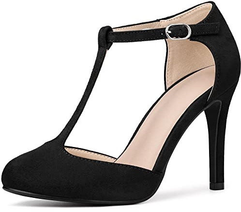 Perphy Women T-Strap Stiletto Heels Pumps | 3.7-inch heel for elegant lift. Buckle closure. Round toe. Versatile for parties, dates, weddings.