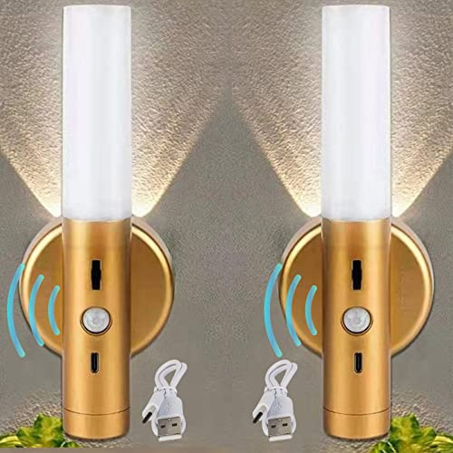 Gold Akku Lampe Wandlampen mit Bewegungsmelder Innen Batteriebetrieben LED Wandleuchten Dimmbar Modern Wandbeleuchtung USB Aufladbare Nachttischlampe Magnetische Schlafzimmer Flurlampe (2 Stücks)