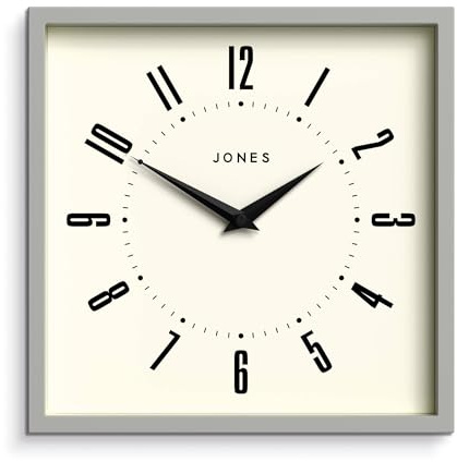 Jones Clocks® Box Orologio a parete | Orologio quadrato retrò | 25cm | Grigio | Numeri facili da leggere | Orologio perfetto per cucina o da ufficio