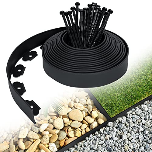 Aufun Flexible Rasenkante aus Kunststoff 20mx5cm mit Erdanker Schwarz | zur Verankerung, Beetumrandung Wurzelsperre System, Pflastersteine Mähkante Garten dekorativ