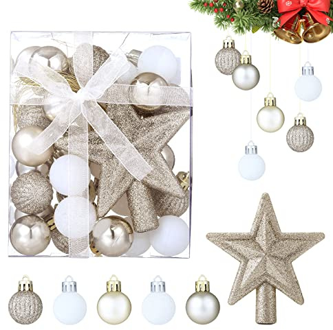 30 Stück 3cm Weihnachtskugeln mit Stern: Mini Christbaumkugeln Gold Weiß