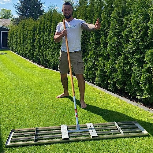 RISISANI® Rasenrakel | 156x30cm | V2A-Edelstahl rostfrei | 100% Made in Germany | Ohne Stiel | optionaler Adapter für Gardena Stiele separat erhältlich | Rasen sanden und Rakel