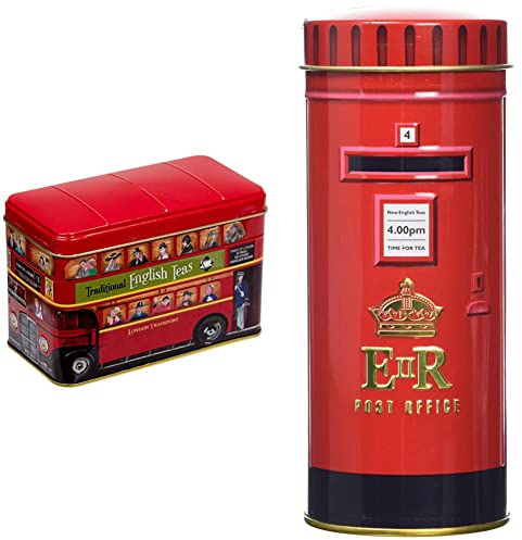 New English Teas London Bus Tea Tin with 25 English Breakfast Teabags & British Post Box Tea Tin with 14 English Breakfast Teabags