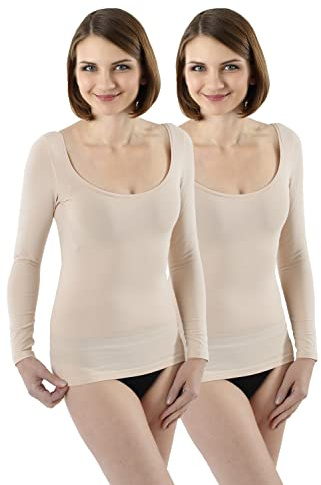 ALBERT KREUZ 2-Pack Wärmeres Langarm Unterhemd unsichtbar mit tiefem weiten Ausschnitt Stretch-Baumwolle, Gr. M