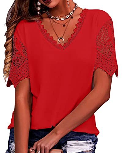 Onsoyours Chemisier Femme Sexy Chic Hauts À Manches Courtes Dentelle Ample Tunique Blouse Elégante Mode Col V Shirt Tops Imprimé D'été Vintage Basique Pull Top A Rouge L