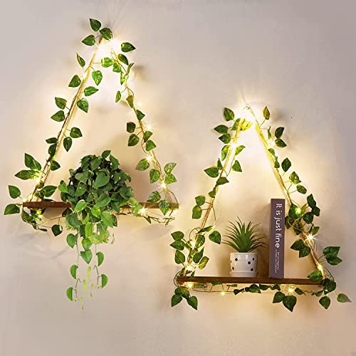 Set of 2 Xmas Macrame Hanging Shelves Artificial Ivy LED-Strip Rustic Wood Floating Storage Shelf Display Floating Shelves Wooden Storage Kitchen Wall Boho Decor for Bedroom Living Room Kitchen