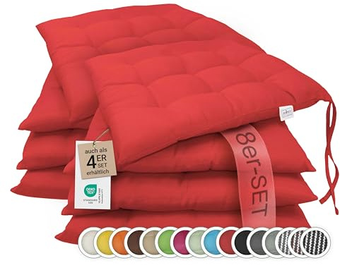 ZOLLNER 8er Set Sitzkissen in 40x40cm - gemütliche Stuhlkissen mit Bindebänder - waschbar bis 30°C - in rot - Oeko Tex® Zertifiziert