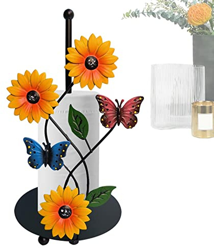 Standing Paper Roll Holder | -standing Metal Kitchen Towel Holder - Farmhouse Sunflower Kitchen Decor with Sturdy Base for Standard Paper Towel