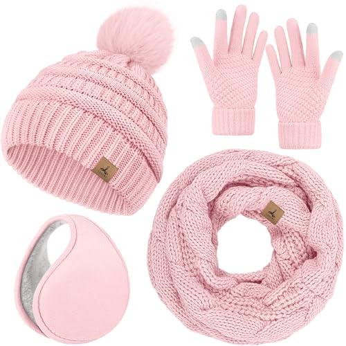 LOROME 4-teiliges Strickset für Damen, Wintermütze, Schal, Handschuhe, Helles Pink, 5 1/8-7 7/8