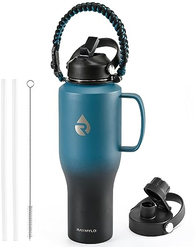 RAYMYLO Insulated Water Bottle 40oz (Cold for 48 Hrs), Stainless Steel Water Bottle with Handle & Straw Lid & Paracord Handle, Triple Wall Vacuum Leakproof Travel Flask, Fit in Any Car Cup Holder