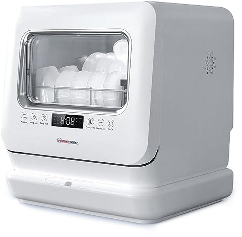 HomeTronix Mini Table Top Dishwasher Compact Countertop Dishwasher with 3 Place Settings, 6 Programmes, Touch Control, LED Display, Wash Dry and Fresh Function,7.5L Water Tank- White