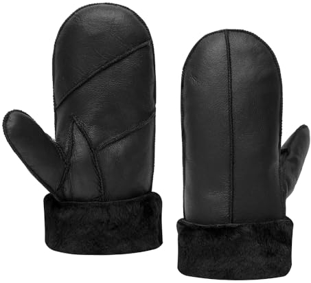 MGGMOKAY Damen Lammfell Shearling Fäustlinge Warme Winter Lederhandschuhe,Schwarz,L
