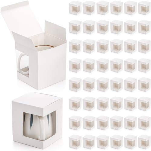 AVLA Lot de 50 boîtes cadeaux pour tasses à sublimation, petit emballage blanc de 11,9 x 11,9 x 12,7 cm, gobelets transparents de 340,2 g et 425,2 g avec fenêtre transparente, boîte de décoration de